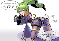 Rule 34 | 1girl, absurdres, blush, doll joints, duel monster, el shaddoll winda, green eyes, green hair, highres, holding, joints, kneeling, korean commentary, kumarang, long hair, looking at viewer, open mouth, ponytail, solo, translation request, wd-40, white background, winda (yu-gi-oh!), yu-gi-oh!