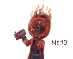Rule 34 | 1other, black gloves, black pants, black shirt, clock, coat, dante (limbus company), fire, gloves, highres, holding, holding toy, huanxue, limbus company, long sleeves, mephistopheles (project moon), necktie, object head, pants, project moon, red coat, red necktie, shirt, simple background, solo, toy, upper body, white background