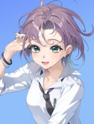 Rule 34 | 1girl, absurdres, asakura toru, black necktie, blue background, green eyes, highres, idolmaster, idolmaster shiny colors, looking at viewer, necktie, purple hair, shirt, short hair, simple background, solo, twitter, upper body, white background, white shirt, zzzearly