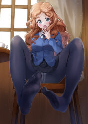 Rule 34 | 1girl, absurdres, bc freedom school uniform, black pantyhose, blue eyes, blush, breasts, brown hair, crotch, feet, from below, girls und panzer, hand to own mouth, highres, isabe (girls und panzer), long hair, looking at viewer, medium breasts, miniskirt, on chair, open mouth, panties, pantyhose, pleated skirt, sahara1127, school uniform, sitting, skirt, smile, solo, underwear, white panties, window