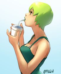 Rule 34 | 1girl, artist name, bare shoulders, breasts, cleavage, drink, drinking straw, foo fighters (jojo), gradient background, green hair, highres, jojo no kimyou na bouken, overalls, pill6w, profile, short hair, sleeveless, solo, stone ocean, sweatdrop, upper body