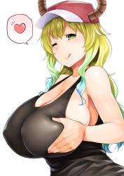 Rule 34 | 10s, 1girl, ;q, aaru (tenrake chaya), breasts, covered erect nipples, gradient hair, heart, highres, horns, huge breasts, impossible clothes, impossible shirt, kobayashi-san chi no maidragon, licking lips, multicolored hair, one eye closed, lucoa (maidragon), shirt, sideboob, simple background, solo, speech bubble, spoken heart, tongue, tongue out, upper body, white background