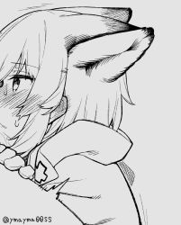 Rule 34 | 1girl, arknights, blush, coat, ear blush, extra ears, from side, gloves, grey background, greyscale, implied fellatio, monochrome, out-of-frame censoring, profile, saliva, short hair, simple background, solo focus, sussurro (arknights), trembling, twitter username, yom (ymayma00ss)