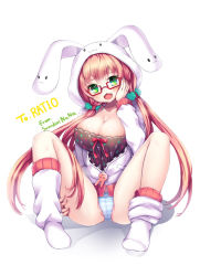 Rule 34 | 1girl, :3, :d, animal ears, animal hood, artist name, blue panties, blush, borrowed character, bow, bow panties, breasts, cameltoe, cleavage, collarbone, cross print, crotch seam, fang, full body, glasses, green eyes, hair tie, hand on own cheek, hand on own face, hand on own thigh, hood, hooded jacket, hoodie, jacket, juke, large breasts, long hair, long sleeves, looking at viewer, loose socks, low twintails, no pants, no shoes, open mouth, original, panties, pink hair, print hoodie, rabbit, rabbit ears, rabbit hood, red-framed eyewear, red bow, shadow, simple background, sitting, smile, socks, solo, spread legs, striped clothes, striped panties, twintails, underwear, unzipped, very long hair, white background, white socks