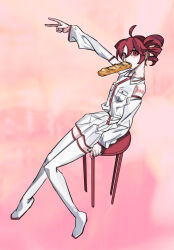 Rule 34 | 1girl, abstract background, ahoge, alternate color, arm up, baguette, boots, bread, collared shirt, commentary, detached sleeves, drill hair, empty eyes, expressionless, food, food in mouth, full body, head tilt, highres, kasane teto, looking at viewer, looking to the side, on stool, outstretched arm, pink background, red eyes, red hair, shirt, shoulder tattoo, sitting, skirt, sleeveless, sleeveless shirt, solo, stool, tattoo, thigh boots, twin drills, uotak, utau, v, white footwear, white shirt, white skirt, white sleeves