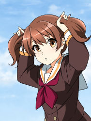 Rule 34 | 1girl, :o, arms up, blue sky, brown eyes, brown hair, cloud, day, hibike! euphonium, long sleeves, looking at viewer, mitsuhiro-510-goto, oumae kumiko, outdoors, school uniform, serafuku, short twintails, sky, solo, twintails, upper body