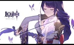 Rule 34 | 1girl, armor, braid, breasts, bridal gauntlets, bug, butterfly, closed eyes, closed mouth, commentary, commentary request, copyright name, english commentary, genshin impact, hair ornament, haru on, highres, insect, instrument, japanese clothes, kimono, large breasts, light particles, long hair, long sleeves, mitsudomoe (shape), mixed-language commentary, music, obi, obijime, playing instrument, purple hair, raiden shogun, sash, shoulder armor, simple background, solo, sparkle, tomoe (symbol), violin, white background, wide sleeves