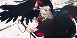 Rule 34 | 1girl, black robe, black wings, blonde hair, blue eyes, commentary request, duster, feather duster, feathered wings, hairband, highres, holding, holding sword, holding weapon, horns, kamameshi gougoumaru, katana, long hair, long sleeves, looking at viewer, original, pom pom (clothes), robe, scabbard, sharp teeth, sheath, sheathed, slit pupils, solo, sword, teeth, weapon, wide sleeves, wings