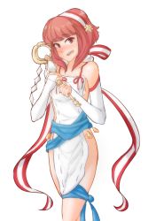 Rule 34 | 1girl, apron, bare legs, bare shoulders, blush, breasts, brozoco, cleavage, crossed legs, fire emblem, fire emblem fates, fire emblem if, gloves, hairband, highres, holding, holding staff, legs, looking at viewer, medium breasts, naked apron, nervous, nervous smile, nintendo, red eyes, red hair, sakura (fire emblem), short hair, sideboob, small breasts, smile, solo, staff, standing, teeth, thigh strap, thighs, tongue, tridisart, white background