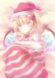 Rule 34 | 1girl, bad id, bad pixiv id, blonde hair, bow, christmas stocking, fang, female focus, flandre scarlet, hat, highres, looking at viewer, pale color, pink theme, red eyes, santa hat, short hair, side ponytail, smile, solo, star (symbol), striped, touhou, wings, zinczinc ka