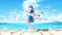 Rule 34 | 1girl, bare legs, barefoot, beach, bird, black bag, blue sailor collar, blue skirt, blue sky, bottle, brown hair, cloud, cloudy sky, craft-cs, day, from behind, holding, holding ribbon, jar, original, outdoors, pleated skirt, ponytail, red ribbon, ribbon, sailor collar, shirt, shoes, unworn shoes, short sleeves, skirt, sky, solo, standing, water, white shirt, wide shot