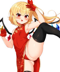 Rule 34 | 1girl, alternate costume, armpits, ass, black thighhighs, blonde hair, blush, breasts, china dress, chinese clothes, crystal, daichi (tokoya), dress, flandre scarlet, gloves, groin, highres, long hair, one side up, open mouth, pointy ears, red dress, red eyes, red gloves, simple background, small breasts, smile, solo, thighhighs, touhou, white background, wings