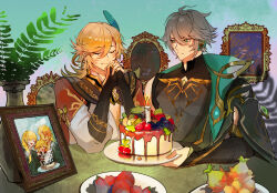 Rule 34 | 2boys, ahoge, alhaitham (genshin impact), aqua eyes, blonde hair, blue feathers, cake, candle, closed eyes, closed mouth, family, feather hair ornament, feathers, food, genshin impact, grey hair, hair ornament, headphones, highres, jiangmuluo, kaveh (genshin impact), leaf, looking at another, male focus, multiple boys, picture frame, sitting, smile