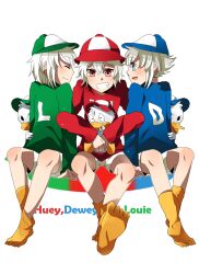 3boys blue_shirt dewey_duck ducktales hat holding huey_duck humanization looking_at_another louie_duck male_focus multiple_boys open_mouth personification red_shirt shirt simple_background smile trudy0816