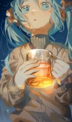 Rule 34 | 1girl, aqua hair, black sweater, blue eyes, blue hair, blurry, brown sweater, chi chi3939, commentary, cup, depth of field, drink, drinking glass, english commentary, from below, glass, hair ornament, hair over shoulder, hair scrunchie, hands up, hatsune miku, highres, holding, holding cup, layered clothes, long hair, long sleeves, looking afar, mixed-language commentary, mug, night, night sky, parted lips, scrunchie, sky, solo, star (sky), stargazing, starry sky, sweater, turtleneck, twintails, upper body, vocaloid
