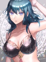 1girl arm_up armpits black_bra blue_hair bra breasts byleth_(female)_(fire_emblem) byleth_(fire_emblem) cleavage collarbone commentary english_commentary fire_emblem fire_emblem:_three_houses hair_between_eyes highres large_breasts long_hair looking_at_viewer nintendo purple_eyes solo twitter_username underwear youhei_choregi