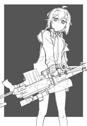 Rule 34 | 1girl, ahoge, bolt action, cheytac m200, collared shirt, commentary request, feet out of frame, girls&#039; frontline, gloves, grey background, greyscale, gun, hair between eyes, highres, holding, holding gun, holding weapon, jacket, long sleeves, looking at viewer, m200 (girls&#039; frontline), medium hair, monochrome, nakiusagi, off shoulder, pleated skirt, rifle, scope, shirt, simple background, sketch, skirt, sniper rifle, solo, weapon
