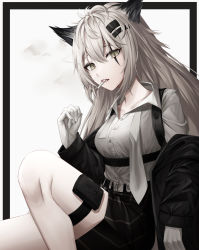 Rule 34 | 1girl, absurdres, animal ears, arknights, bad id, bad pixiv id, black jacket, black skirt, cigarette, clothes pull, collarbone, feet out of frame, gloves, grey eyes, hair ornament, hairclip, highres, jacket, jacket pull, lappland (arknights), long hair, looking at viewer, mea (hwaksal), necktie, open mouth, scar, scar across eye, scar on face, shirt, silver hair, simple background, sitting, skirt, solo, suspender skirt, suspenders, white gloves, white necktie, white shirt
