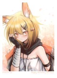 Rule 34 | 1girl, 3 (sanyako1), absurdres, animal ears, arknights, black gloves, black scarf, blonde hair, blush, border, character name, dated, fingerless gloves, fox ears, gloves, hair between eyes, hair ornament, hairclip, hand up, happy birthday, head rest, highres, jewelry, looking at viewer, necklace, notched ear, orange eyes, scarf, shirt, short hair, solo, strapless, strapless shirt, vermeil (arknights), white border, white shirt