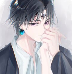 Rule 34 | 1boy, black eyes, black hair, black suit, chrollo lucilfer, cross tattoo, earrings, facial mark, facial tattoo, forehead mark, forehead tattoo, formal, glowing, glowing earrings, hair between eyes, highres, holding hands, hunter x hunter, jewelry, long sleeves, looking at viewer, male focus, pov, shirt, short hair, simple background, solo, suit, tattoo, white background, white shirt, zhongc
