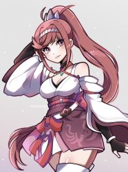 Rule 34 | 1girl, bare shoulders, blush, breasts, chest jewel, cleavage, core crystal (xenoblade), criss-cross halter, detached sleeves, fingerless gloves, glimmer (xenoblade), gloves, halterneck, high ponytail, highres, japanese clothes, kimono, large breasts, long hair, looking at viewer, obi, ponytail, red hair, sash, solo, swept bangs, touyarokii, white kimono, wide sleeves, xenoblade chronicles (series), xenoblade chronicles 3, xenoblade chronicles 3: future redeemed