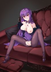 Rule 34 | 1girl, absurdres, apertio, bad id, bad pixiv id, black pantyhose, blush, breasts, cleavage, couch, crown, dress, fate/grand order, fate (series), high heels, highres, jewelry, large breasts, long hair, looking at viewer, no panties, open mouth, pantyhose, purple dress, purple hair, pussy, red eyes, ribbon, scathach (fate), scathach skadi (fate), sitting, solo, thighs, torn clothes, torn pantyhose