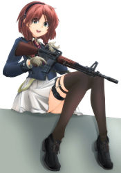 Rule 34 | 1girl, ar-10, battle rifle, black choker, black hairband, black thighhighs, blue jacket, brown hair, choker, closed mouth, commentary request, cross-laced footwear, dress shirt, gloves, green eyes, grey gloves, gun, hair over shoulder, hair tie, hairband, highres, holding, holding gun, holding weapon, jacket, legs, long sleeves, looking at viewer, medium hair, mikeran (mikelan), military, miniskirt, necktie, original, pleated skirt, purple necktie, rifle, shadow, shirt, shoes, simple background, sitting, skirt, smile, solo, thigh strap, thighhighs, trigger discipline, twintails, weapon, white background, white shirt, white skirt