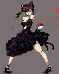 Rule 34 | 1girl, alternate costume, animal ears, black dress, black gloves, blush, bouquet, braid, breasts, cat ears, cat tail, dress, elbow gloves, flower, ginji (sakaki summer), gloves, kaenbyou rin, large breasts, looking at viewer, multiple tails, nekomata, red eyes, red hair, rose, simple background, smile, solo, tail, touhou, twin braids