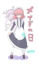 Rule 34 | 2girls, alternate costume, apron, black dress, brown footwear, center frills, closed eyes, collared dress, commentary, cool-kyou shinja, dated, dot mouth, dress, enmaided, frilled apron, frills, full body, heart, highres, kobayashi-san chi no maidragon, kobayashi (maidragon), long dress, long sleeves, maid, maid apron, maid day, maid headdress, medium hair, multiple girls, red eyes, red hair, simple background, standing, tohru (maidragon), translated, white apron, white background
