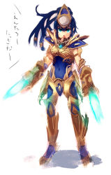 Rule 34 | 1girl, arm blade, armor, breastplate, covered navel, dual wielding, full armor, gauntlets, helmet, holding, holding sword, holding weapon, looking at viewer, personification, power armor, protoss, simple background, solo, standing, starcraft, sword, ukyo rst, weapon, white background, zealot, zealot (starcraft)