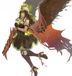 Rule 34 | 1girl, bare shoulders, bow, breasts, bridal gauntlets, brown eyes, brown hair, feathered wings, fishnet gloves, fishnets, full body, gloves, glowing, glowing halo, green bow, green halo, hair bow, halo, high heels, highres, kneehighs, large breasts, reiuji utsuho, simple background, socks, solo, tomatolover16, touhou, white background, wings