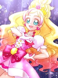 Rule 34 | 1girl, aqua eyes, blonde hair, blush, bow, cure flora, earrings, flower, flower earrings, flower necklace, gloves, go! princess precure, gradient background, hand on own hip, haruno haruka, jewelry, long hair, magical girl, multicolored hair, necklace, pink bow, pink hair, pink skirt, precure, purple background, skirt, smile, solo, sparkle, streaked hair, tj-type1, two-tone hair, waist bow, white gloves