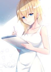 Rule 34 | 1girl, absurdres, bare arms, blonde hair, blue eyes, chiutake mina, collarbone, commentary request, dress, highres, holding, holding notebook, holding pencil, kingdom hearts, kingdom hearts chain of memories, kingdom hearts ii, long hair, looking at viewer, namine, notebook, pencil, signature, sketchbook, smile, solo, white dress