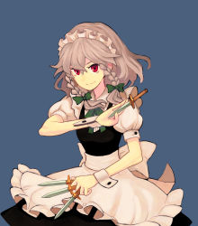 Rule 34 | 1girl, apron, between fingers, blue background, braid, embodiment of scarlet devil, female focus, holding, izayoi sakuya, jean (jean sp), knife, maid cap, maid headdress, red eyes, short hair, silver hair, simple background, solo, throwing knife, touhou, twin braids, weapon, wrist cuffs