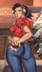 Rule 34 | 1girl, alternate costume, alternate hairstyle, ass, black hair, bracelet, breasts, brown eyes, come hither, covered erect nipples, d.va (overwatch), denim, earrings, from behind, hair ribbon, highres, huge ass, jeans, jewelry, large breasts, long hair, looking at viewer, one eye closed, overwatch, overwatch 1, pants, ponytail, ribbon, shiny clothes, sideboob, skin tight, smile, solo, spanking, tight clothes, ultamisia, wink