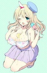 Rule 34 | 10s, 1girl, alternate costume, atago (kancolle), blonde hair, blush, breasts, cleavage, food, full body, green eyes, hat, huge breasts, ice cream, kantai collection, large breasts, long hair, looking at viewer, messy, mozuya murasaki, one eye closed, open mouth, solo, tears, wink