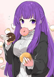 Rule 34 | 1girl, black robe, breasts, commentary request, doughnut, dress, fern (sousou no frieren), food, food in mouth, highres, holding, holding food, hood, hood down, hooded robe, kamiyoshi rika, large breasts, long hair, long sleeves, mouth hold, nail polish, open clothes, open robe, pink nails, purple eyes, purple hair, robe, sleeves past wrists, solo, sousou no frieren, very long hair, white dress