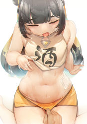 Rule 34 | 1girl, bababababan, bandaid on stomach, bare arms, bare shoulders, black survival, blush, breasts, brown hair, closed eyes, clothes pull, crop top, double bun, foreshortening, groin, hair bun, highres, li dailin, long hair, midriff, navel, open mouth, shorts, shorts pull, sitting, small breasts, solo focus, stomach, sweat, translation request, white background, yellow shorts