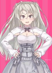 Rule 34 | 1girl, blush, breasts, brown eyes, conte di cavour (kancolle), dress, hair between eyes, hands on own hips, highres, kantai collection, large breasts, layered dress, long hair, long sleeves, looking at viewer, open mouth, silver hair, solo, striped, striped background, sugue tettou, twitter username, two-tone dress, two side up, upper body, white dress