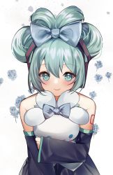 Rule 34 | 1girl, bad id, bad pixiv id, bare shoulders, blue bow, blush, bow, character doll, cinnamiku, cinnamoroll, closed mouth, commentary, detached sleeves, double bun, ear bow, hair bun, hatsune miku, highres, hugging doll, hugging object, looking at viewer, sanrio, shirt, sleeveless, sleeveless shirt, smile, solo, updo, vocaloid, xoaiu