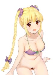 Rule 34 | 1girl, arms at sides, bikini, bikini top only, blonde hair, bottomless, braid, breasts, darwin&#039;s game, female pubic hair, happy, looking at viewer, medium breasts, nude filter, orange eyes, pubic hair, purple ribbon, pussy, ribbon, shuka (darwin&#039;s game), solo, swimsuit, third-party edit, twin braids, twintails, uncensored, white background