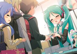 Rule 34 | 2boys, 2girls, = =, aqua hair, backpack, bag, blue hair, blush, closed eyes, commentary, convention, cosplay, detached sleeves, flying sweatdrops, grey jacket, grey shirt, hair ornament, hatsune miku, hatsune miku (cosplay), headphones, hiiragi kagami, ichimi renge, izumi konata, jacket, lineup, long hair, long sleeves, lucky star, manga (object), multiple boys, multiple girls, necktie, parted lips, pornography, revision, second-party source, shirt, star (symbol), sweat, table, track jacket, twintails, very long hair, vocaloid, yellow jacket