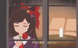 Rule 34 | 1girl, animal ears, bow, braid, brown hair, candle, closed eyes, closed mouth, collared dress, daiichi ruby (umamusume), dress, drill hair, fire, flower, gomashio (goma feet), hair bow, hair flower, hair ornament, hand up, holding, holding flower, horse ears, long hair, purple dress, rain, red bow, red flower, red rose, rose, side drill, solo, swept bangs, table, translation request, twin drills, umamusume, upper body, window, yellow flower