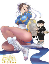 Rule 34 | 1boy, 1girl, absurdres, boots, bracelet, breasts, brown eyes, brown hair, bun cover, capcom, china dress, chinese clothes, chun-li, commentary request, cross-laced footwear, double bun, dress, full body, gold trim, hair bun, hair ornament, highres, inuyou, jewelry, knee boots, lace-up boots, looking at viewer, medium breasts, open mouth, paintbrush, panties, pantyhose, puffy short sleeves, puffy sleeves, ryu (street fighter), short sleeves, simple background, sitting, spiked bracelet, spikes, street fighter, street fighter 6, street fighter ii (series), tripod, turtleneck, underwear