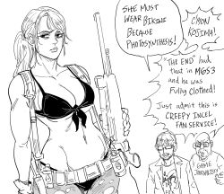 Rule 34 | 1girl, 2boys, bald, bare shoulders, bb (baalbuddy), beard, belt, bikini, breasts, cleavage, closed mouth, commentary, english commentary, english text, facial hair, front-tie bikini top, front-tie top, glasses, greyscale, gun, highres, holding, holding gun, holding weapon, kojima hideo, large breasts, long hair, metal gear (series), metal gear solid v: the phantom pain, monochrome, multiple boys, opaque glasses, pantyhose, ponytail, quiet (metal gear), rifle, simple background, smile, swimsuit, torn clothes, torn legwear, weapon, white background