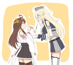 Rule 34 | 10s, 2girls, ahoge, atsushi (aaa-bbb), bare shoulders, blonde hair, blue eyes, blush, breasts, brown eyes, cleavage, detached sleeves, eating, eye contact, food, from side, hair between eyes, hair bun, height difference, iowa (kancolle), japanese clothes, jitome, kantai collection, kongou (kancolle), large breasts, long eyelashes, long hair, looking at another, miniskirt, multiple girls, nontraditional miko, pizza, pizza box, pleated skirt, profile, ribbon-trimmed sleeves, ribbon trim, single hair bun, skirt, thighhighs, translated, wide sleeves, zettai ryouiki