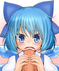 Rule 34 | 1boy, 1girl, ?, blue eyes, blue hair, blush, bow, censored, cirno, fellatio, gradient background, hair bow, hetero, highres, ice, ice wings, oral, penis, rantana (lalalalackluster), short hair, smile, solo focus, touhou, wings