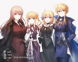 Rule 34 | 4girls, :d, anniversary, artoria pendragon (fate), artoria pendragon (lancer) (fate), artoria pendragon (lancer) (formal dress) (fate), asymmetrical clothes, bad id, bad pixiv id, bare shoulders, black bow, black choker, black dress, black gloves, black jacket, black neckwear, blonde hair, blue cape, blue eyes, blue thighhighs, blush, bow, breasts, cape, character request, chevalier d&#039;eon (formal dress) (fate), chihuri, choker, closed mouth, collared shirt, copyright name, dress, elbow gloves, fate/grand order, fate (series), florence nightingale (fate), florence nightingale (formal dress) (fate), flower, gloves, green eyes, grey background, gun, hair between eyes, hair flower, hair ornament, jacket, jacket on shoulders, jeanne d&#039;arc (fate), jeanne d&#039;arc (formal dress) (fate), jeanne d&#039;arc (ruler) (fate), large breasts, light brown hair, long hair, long sleeves, multicolored cape, multicolored clothes, multiple girls, necktie, open mouth, pink flower, purple dress, red eyes, red jacket, red skirt, see-through, shirt, side ponytail, sidelocks, simple background, skirt, sleeveless, sleeveless dress, sleeves past wrists, smile, sword, thighhighs, very long hair, weapon, white cape, white gloves, white shirt