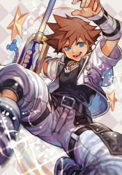 Rule 34 | 1boy, :d, belt, black belt, black shirt, blue eyes, brown hair, hands up, hungry clicker, jacket, jumping, keyblade, kingdom hearts, male focus, open clothes, open jacket, open mouth, pants, shirt, short sleeves, smile, solo, sora (kingdom hearts), spiked hair, white jacket, white pants