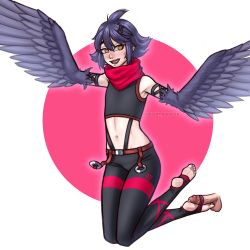 Rule 34 | 1boy, 1girl, @ @, absurdres, bare shoulders, black feathers, black hair, black legwear, black wings, blush, commentary, desert avenger, english commentary, feathered wings, feathers, feet, flat chest, flying sweatdrops, footjob, hair between eyes, harpy, highres, midriff, monster girl, navel, open mouth, original, penis, pink background, precum, red scarf, scarf, short hair, sidelocks, simple background, sleeveless, soles, solo focus, stirrup legwear, toeless legwear, toes, twitter username, white background, winged arms, wings, yellow eyes